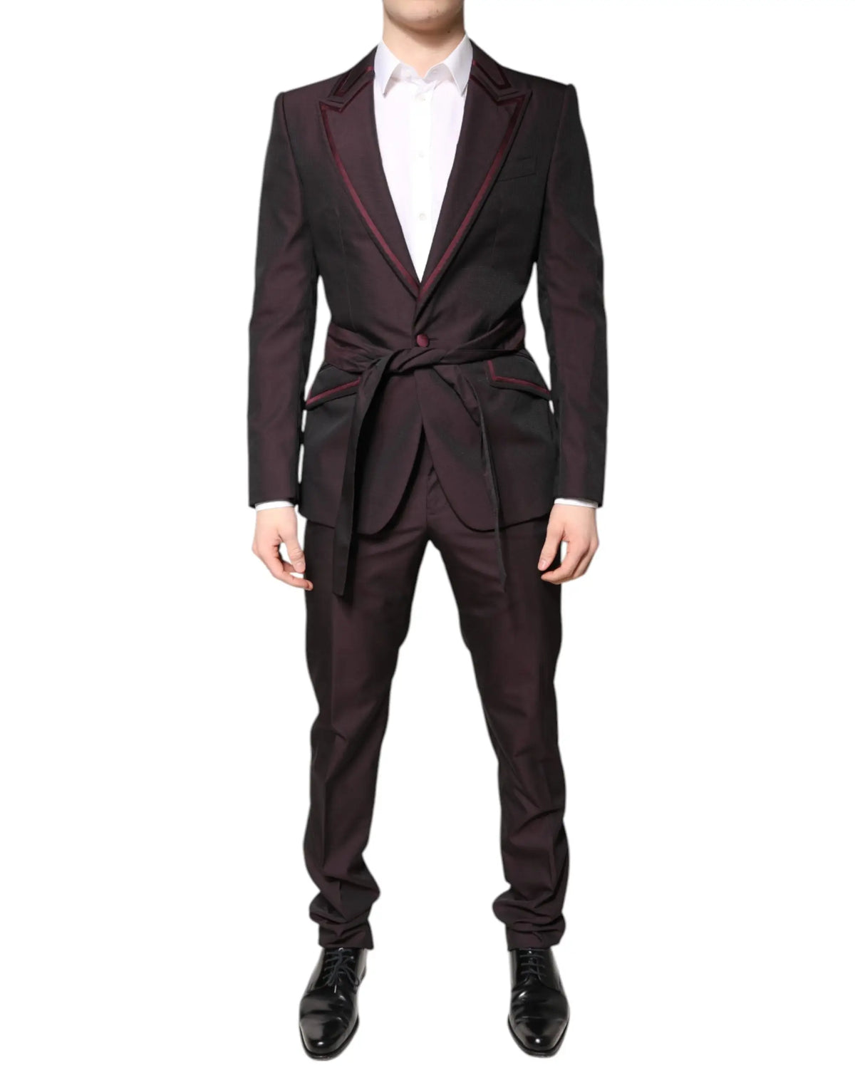 Costume deux pièces formel dolce & gabbana bordeaux avec finitions maron et ceinture nouée à la taille