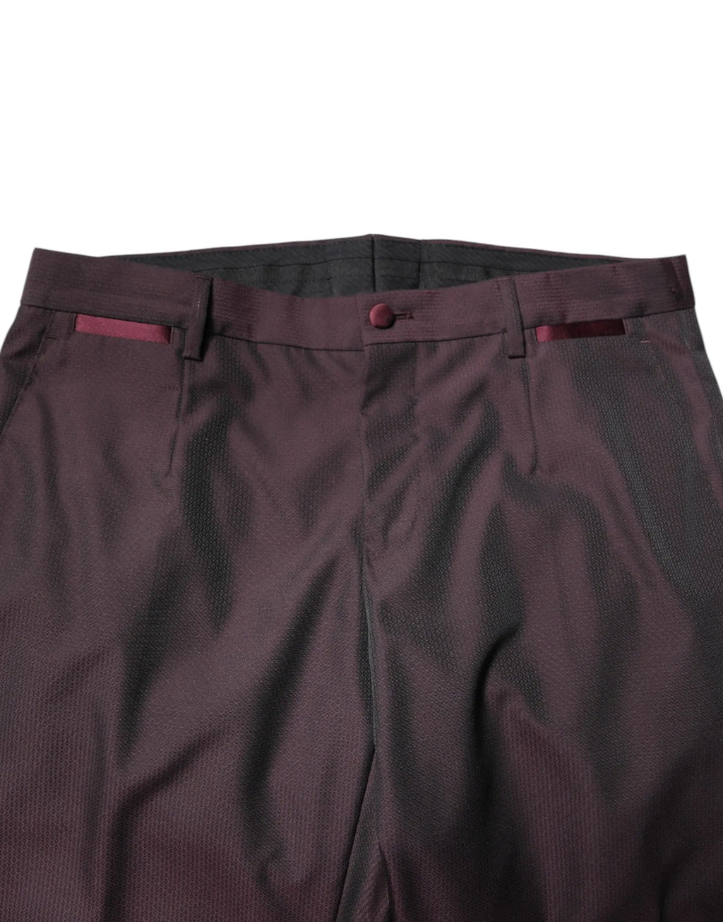 Pantalon plissé bordeaux foncé avec texture subtile et bordure contrastante marron pour costume formel dolce & gabbana