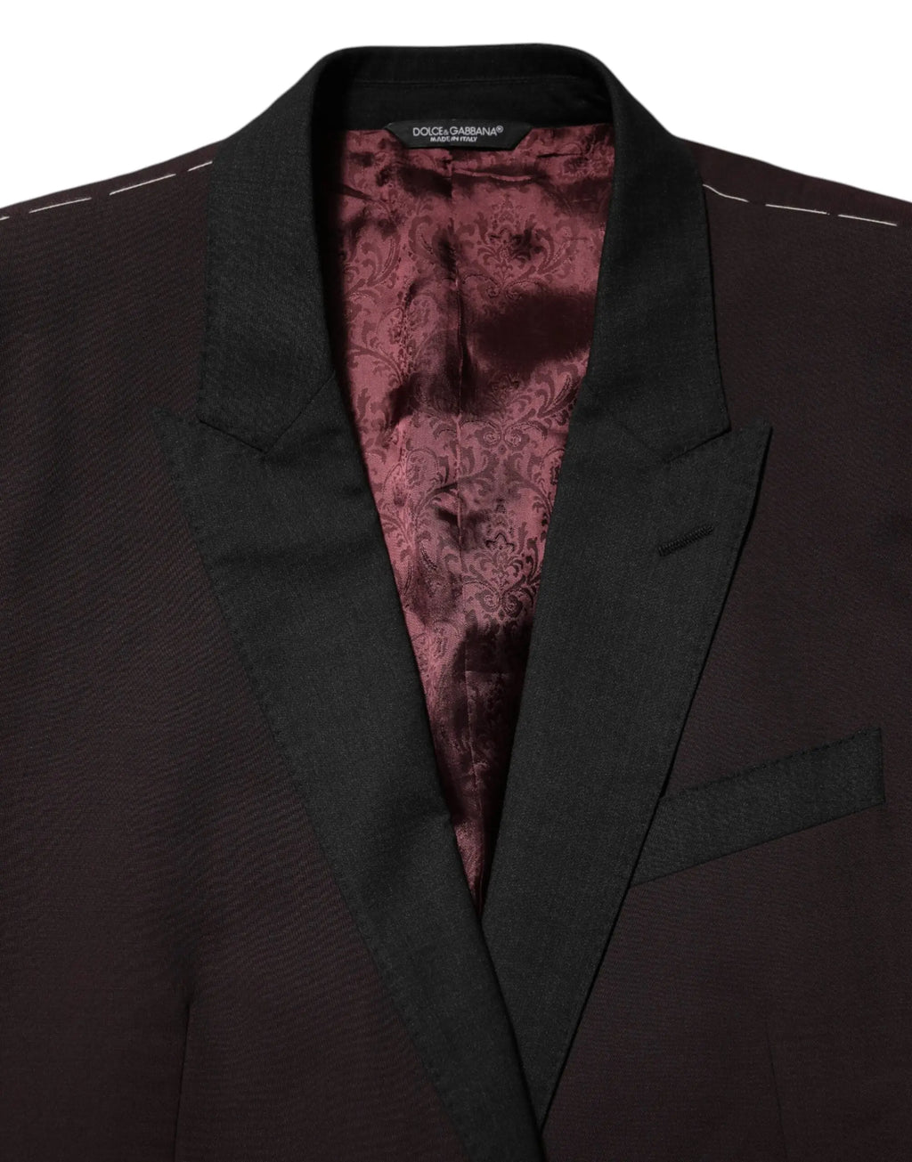 Veste de costume dolce gabbana homme noire avec doublure intérieure en damas bordeaux en laine deux boutons
