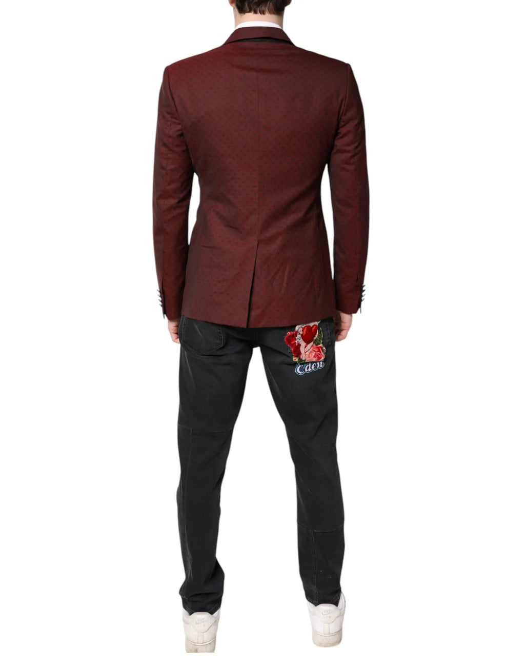 Dolce & gabbana veste blazer homme slim fit en laine bordeaux avec texture subtile et bordure noire aux cols et poignets