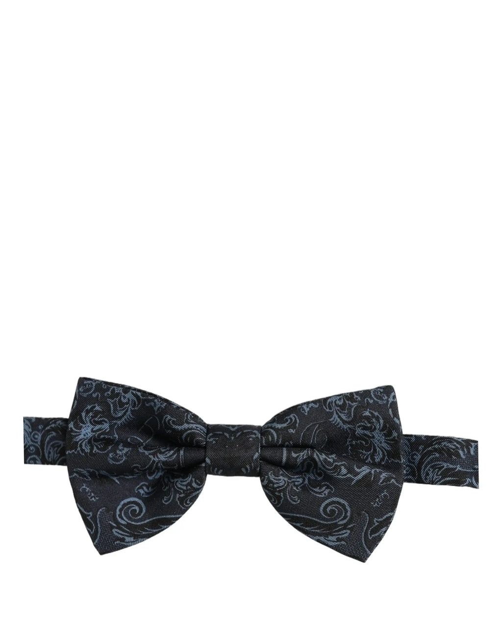 Dark navy bow tie with intricate silver paisley pattern made from smooth woven fabric by dolce & gabbana