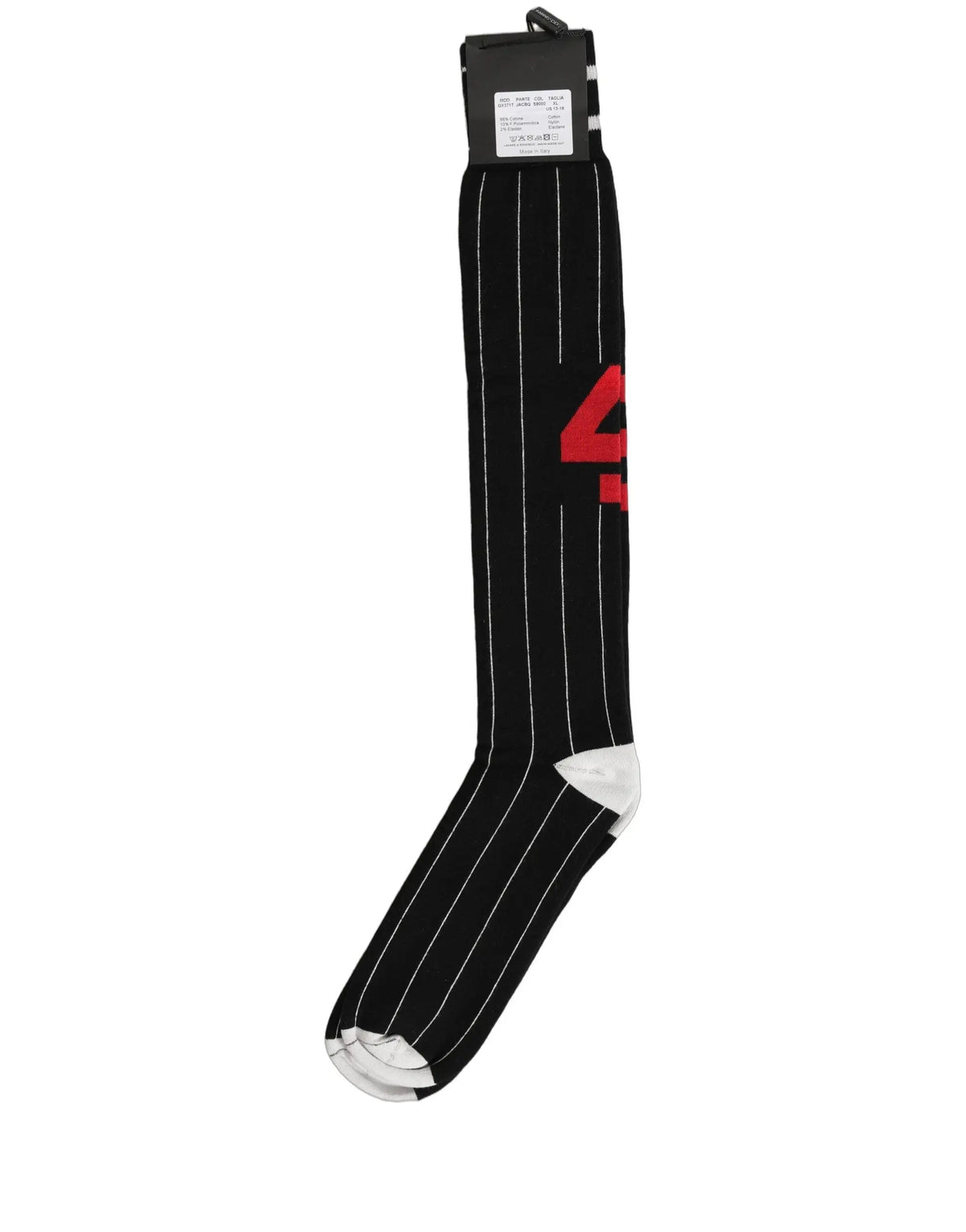 Dolce & gabbana chaussettes hautes noirs à fines rayures avec numéro rouge 4 et accents blancs au bout et talon