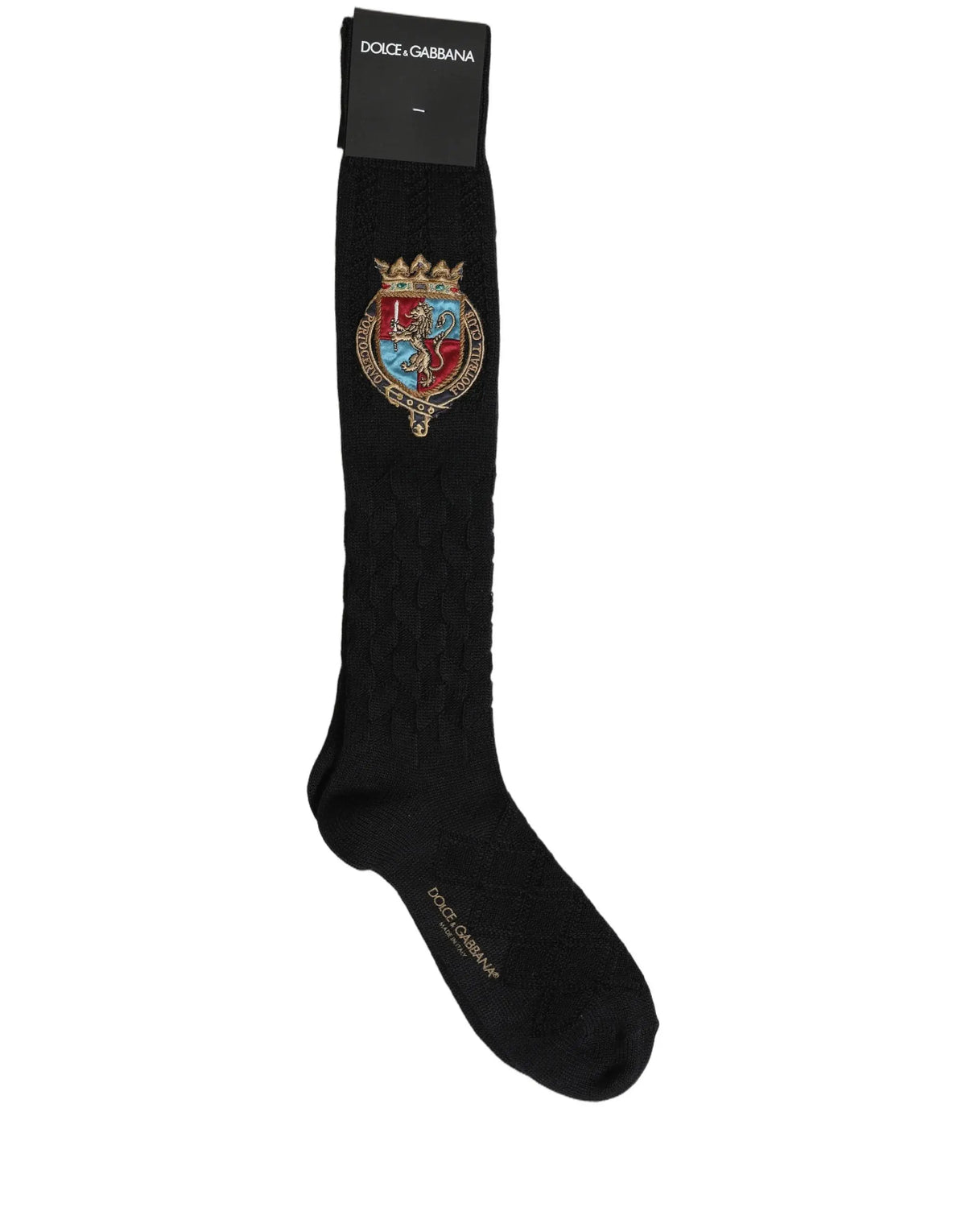 Dolce & Gabbana chaussettes hautes noires en laine avec blason brodé rouge bleu et or pour homme