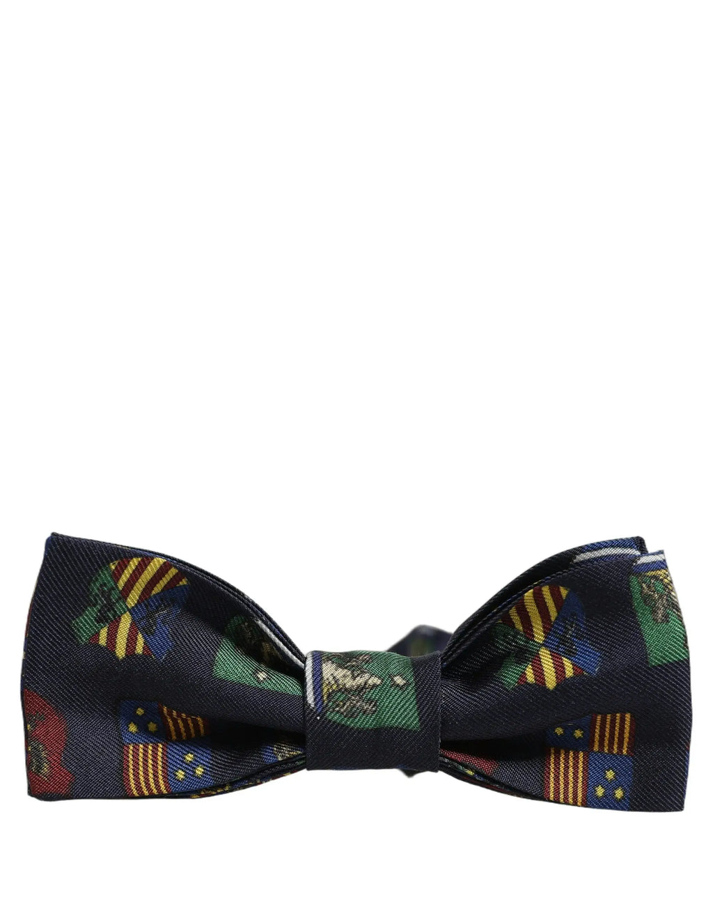 Dark blue Dolce & Gabbana men silk bow tie with colorful stylized green yellow red and gold flags pattern