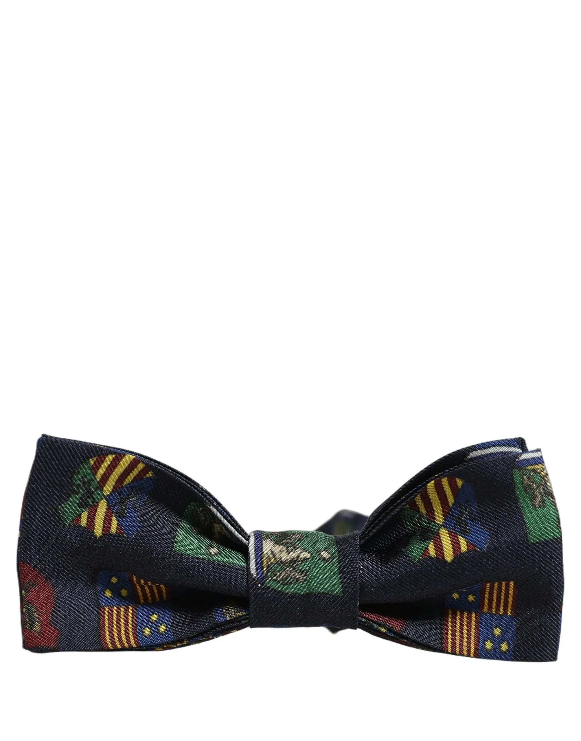 Dark blue Dolce & Gabbana men silk bow tie with colorful stylized green yellow red and gold flags pattern