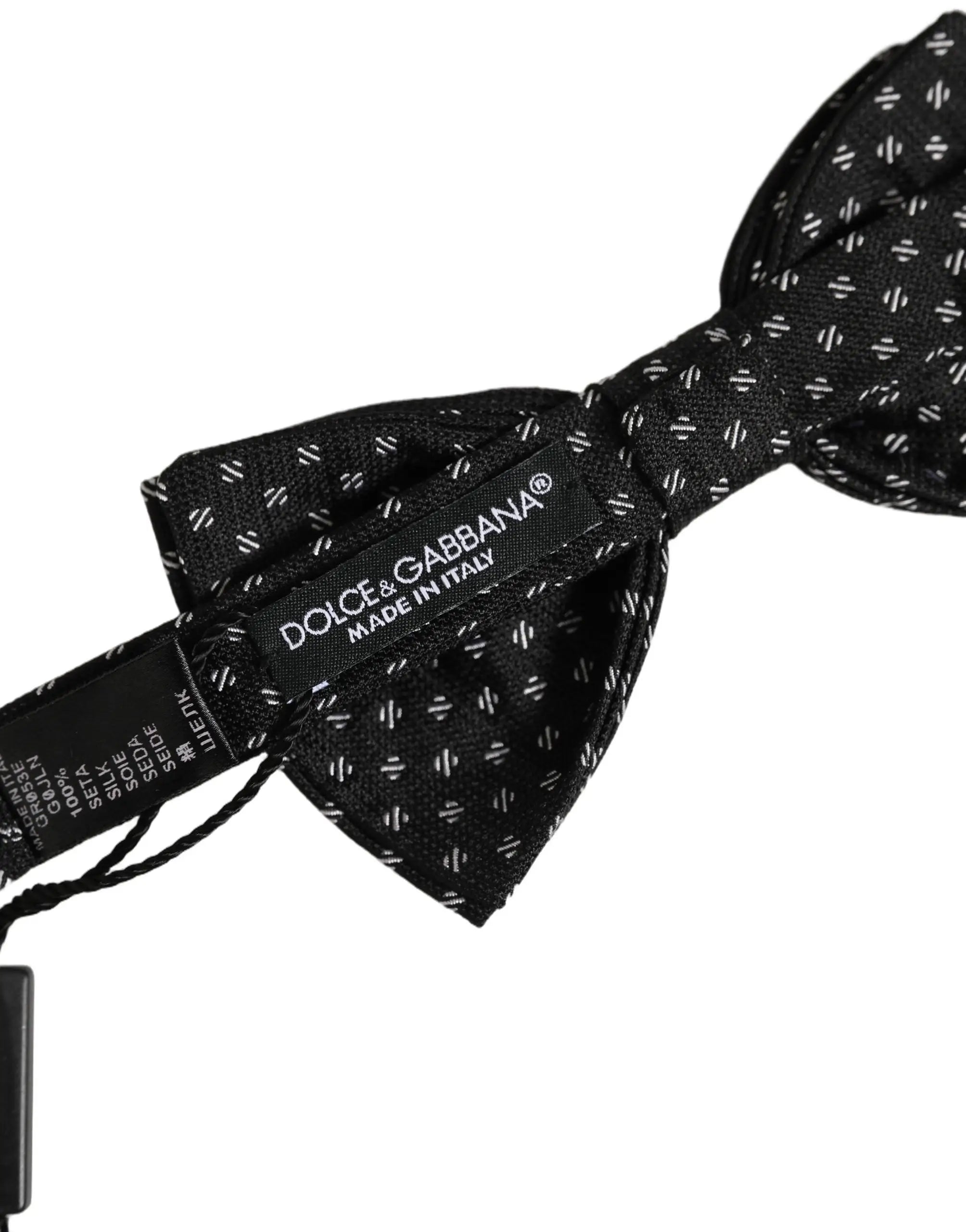 Dolce & gabbana homme noeud papillon noir avec motif géométrique blanc subtil et ajustable en soie