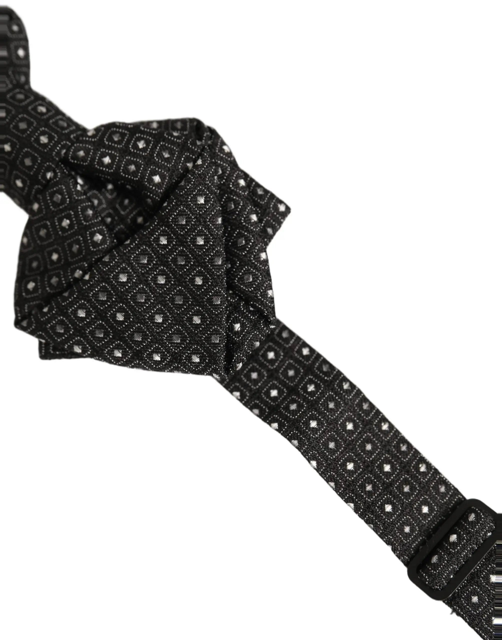 Dolce gabbana men dark gray polka dot silk adjustable neck papillon bow tie with black silk tie featuring silver geometric pattern