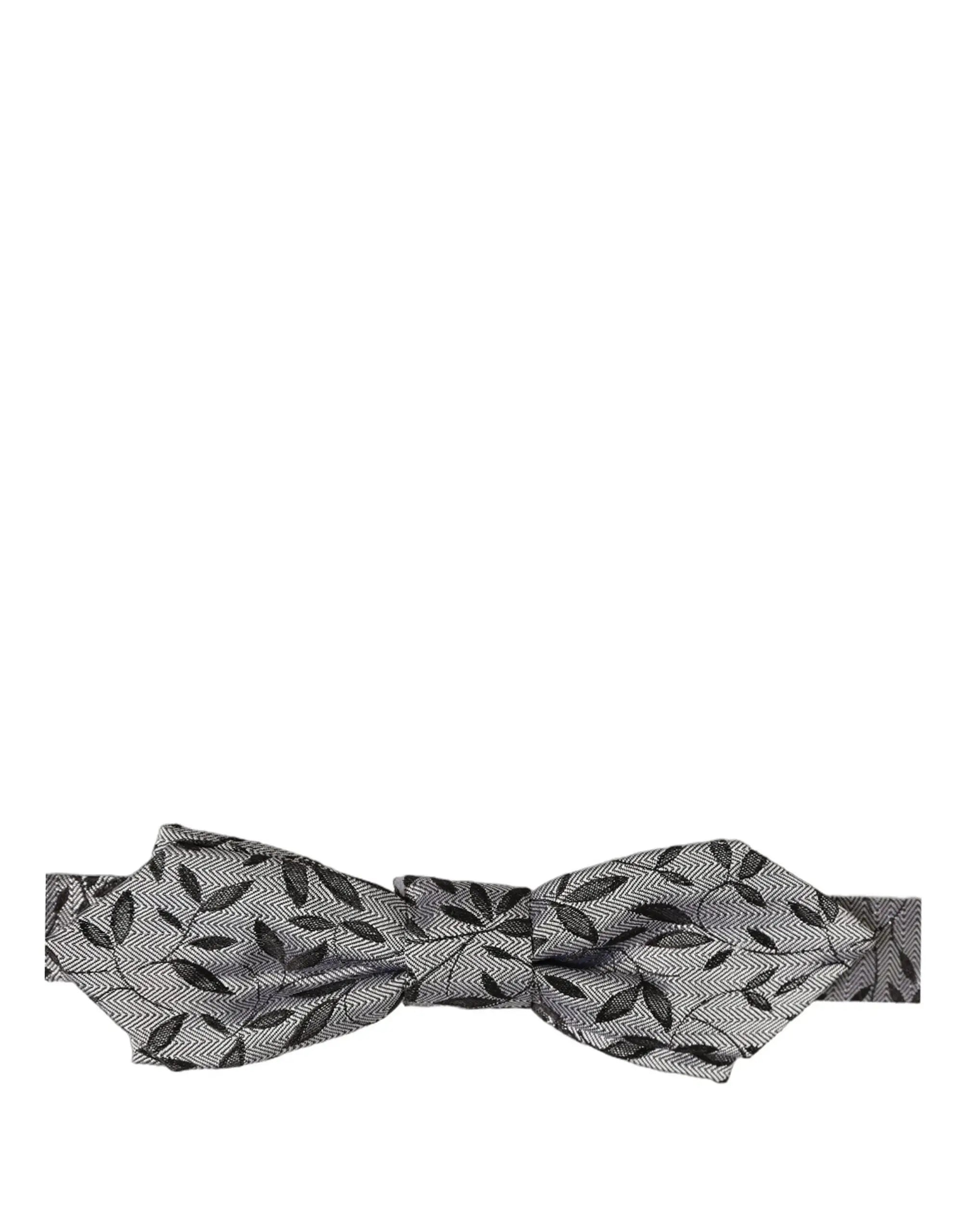 Noeud papillon ajustable dolce & gabbana en soie grise avec motif chevrons et feuilles noires abstraites