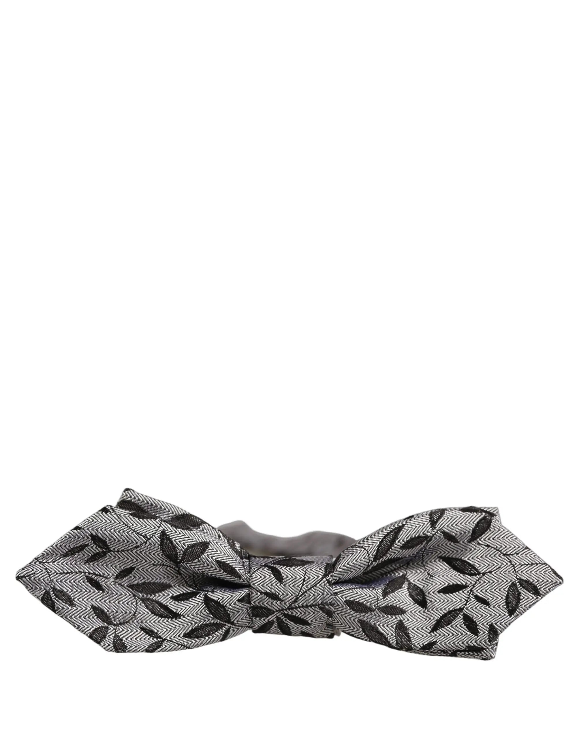 Dolce & Gabbana homme nœud papillon gris en soie avec motif feuilles noir et motif chevrons subtil ajustable