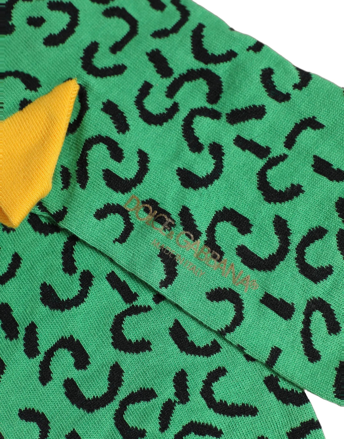 Chaussettes mi-mollet homme dolce & gabbana en coton vert à imprimé léopard noir avec manchette jaune et logo