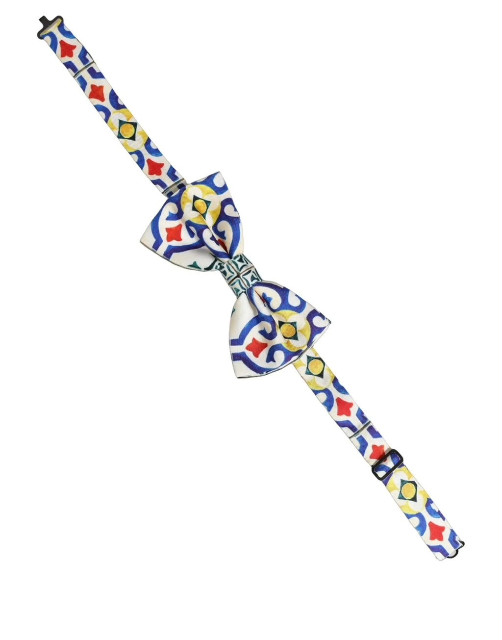Dolce & gabbana homme nœud papillon multicolore majolique en coton blanc avec motifs géométriques bleu rouge jaune vert