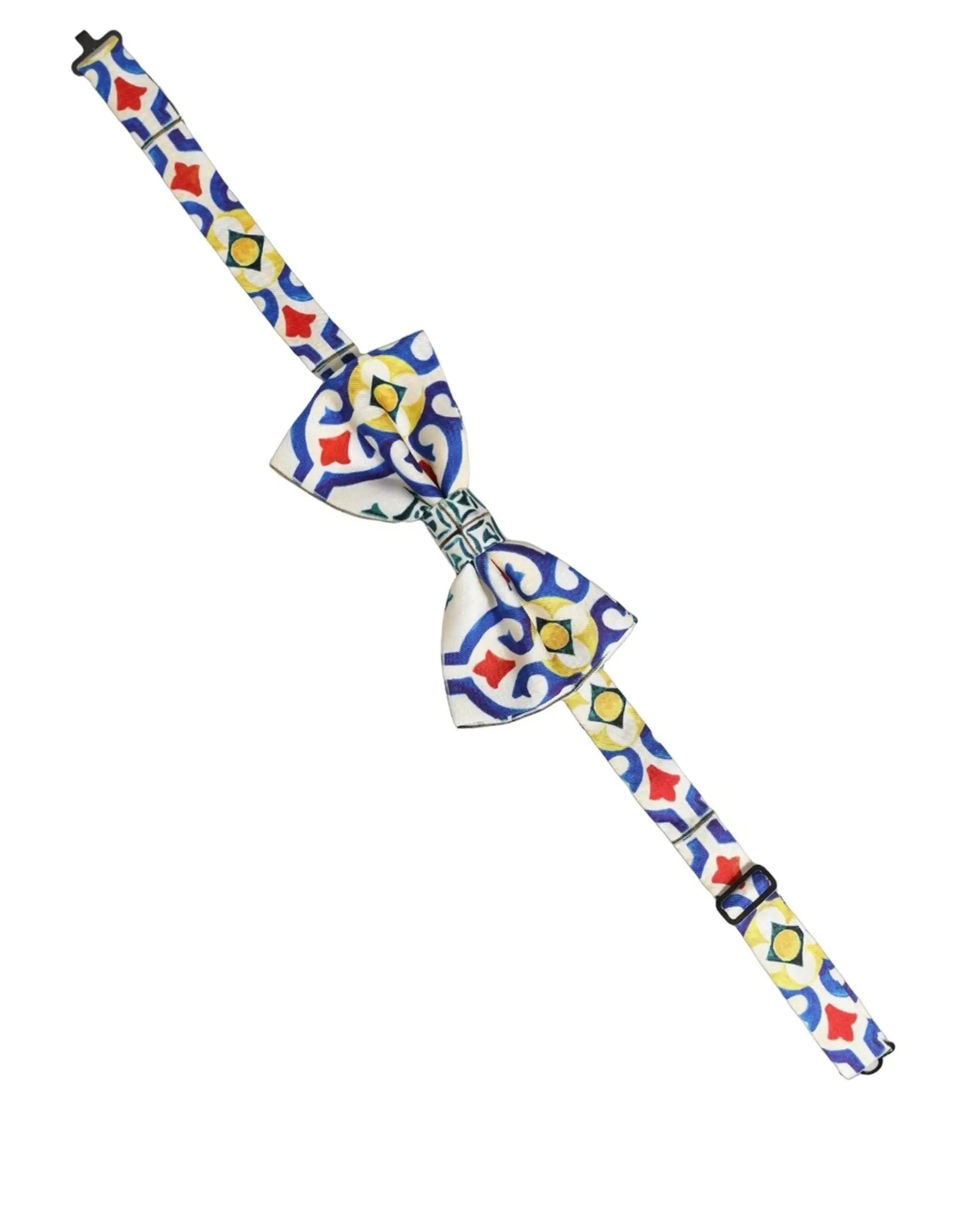 Dolce & gabbana homme nœud papillon multicolore majolique en coton blanc avec motifs géométriques bleu rouge jaune vert