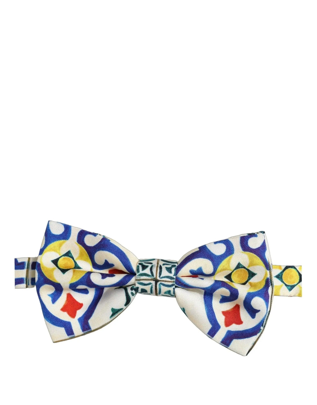 Dolce & gabbana men multicolor majolica papillon ajustable en tissu blanc avec motifs géométriques bleus et jaunes éclatants