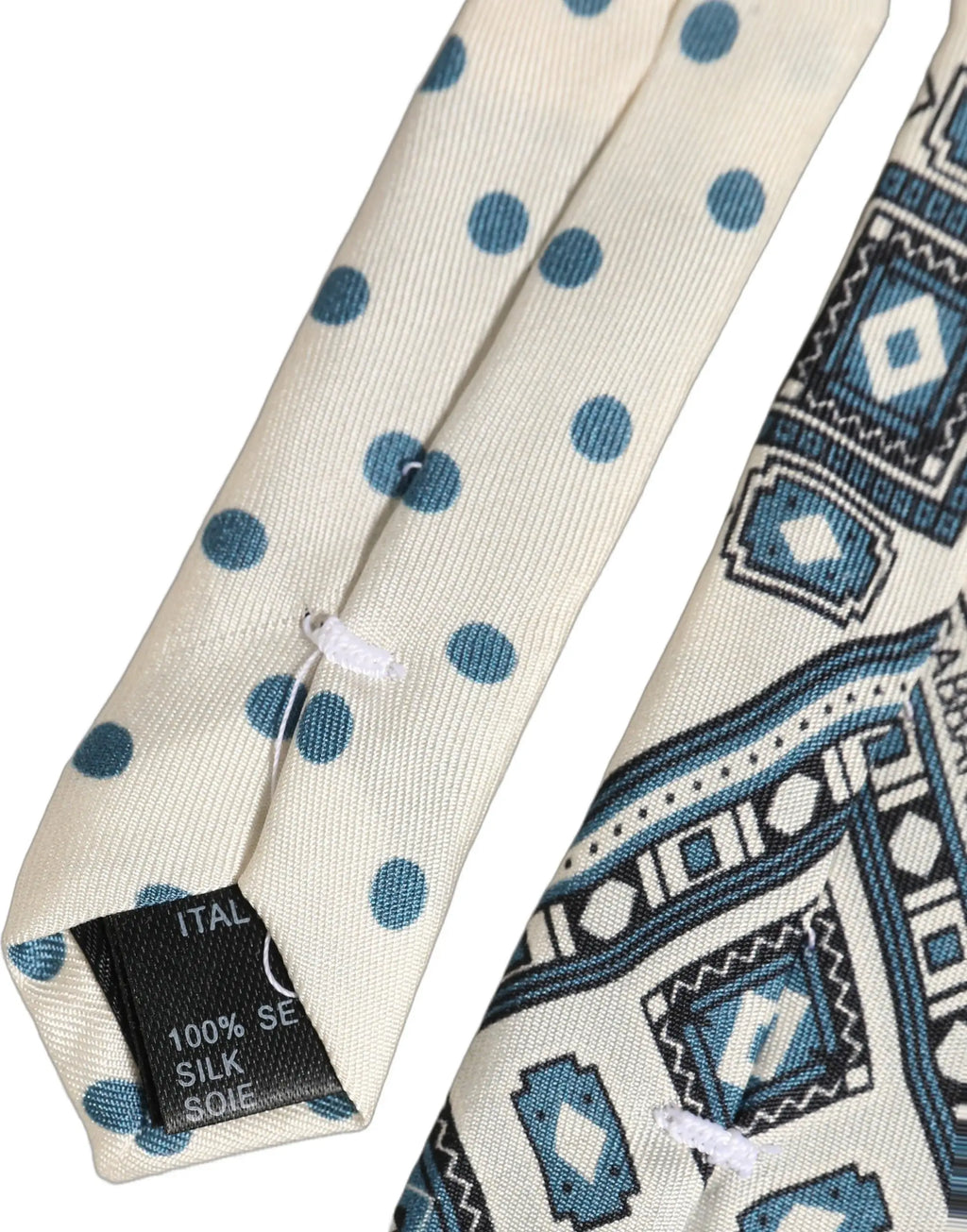 Cravate en soie crème à pois bleus avec motif géométrique bleu noir blanc dolce & gabbana homme ajustable