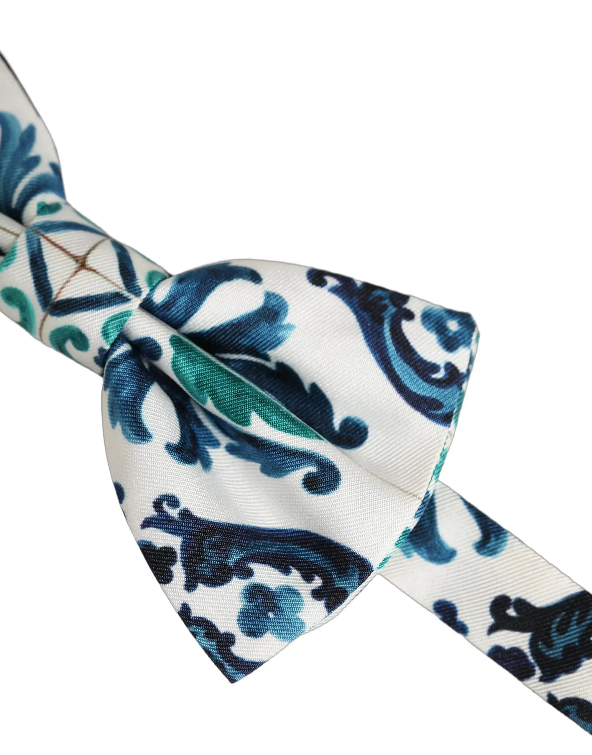 Dolce & gabbana homme nœud papillon blanc en soie sicilienne avec motif damas bleu marine et turquoise réglable