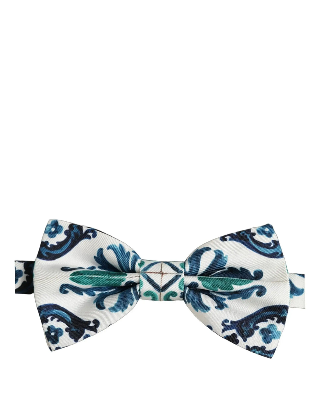 Dolce gabbana homme noeud papillon réglable en soie sicilienne blanc avec motif floral bleu vert et design géométrique