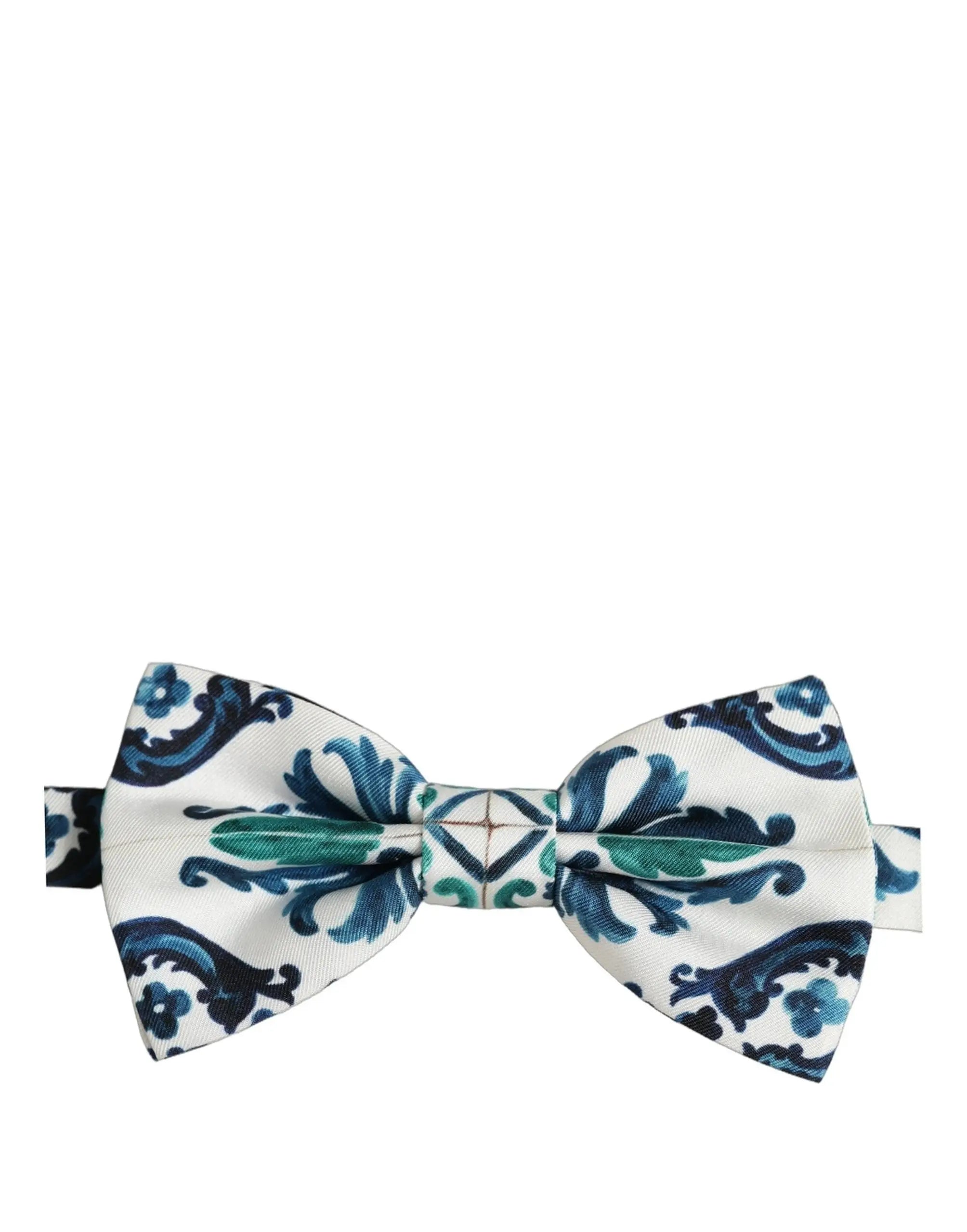 Dolce gabbana homme noeud papillon réglable en soie sicilienne blanc avec motif floral bleu vert et design géométrique