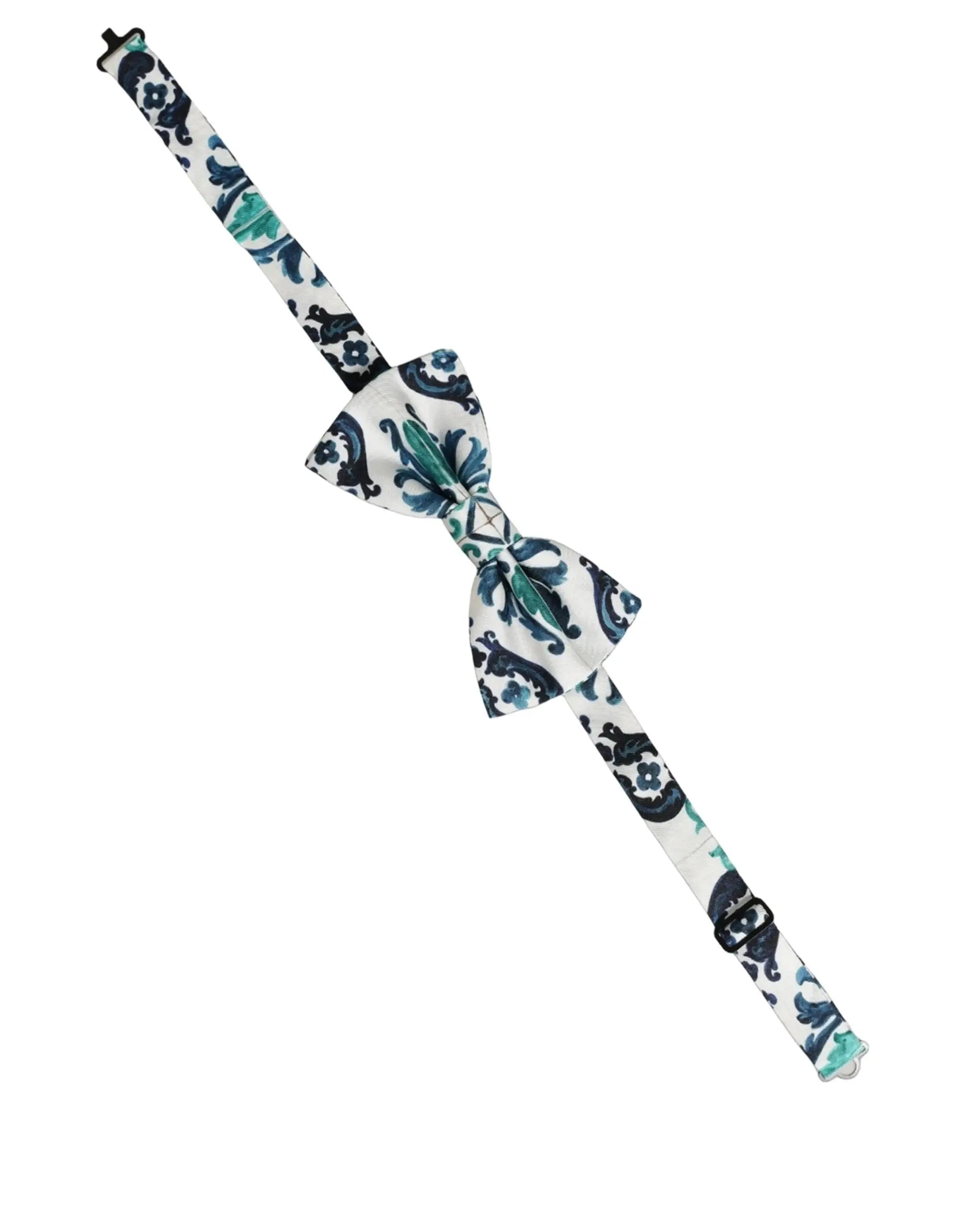 Dolce gabbana homme nœud papillon sicilien en soie blanche avec motifs paisley floraux bleu marine et sarcelle et sangle réglable noire