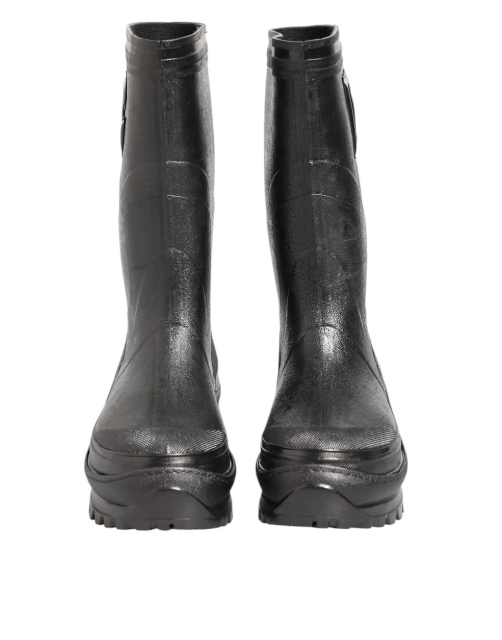 Bottes de pluie dolce & gabbana pour homme en caoutchouc noir métallisé avec semelles épaisses texturées et finition légèrement brillante