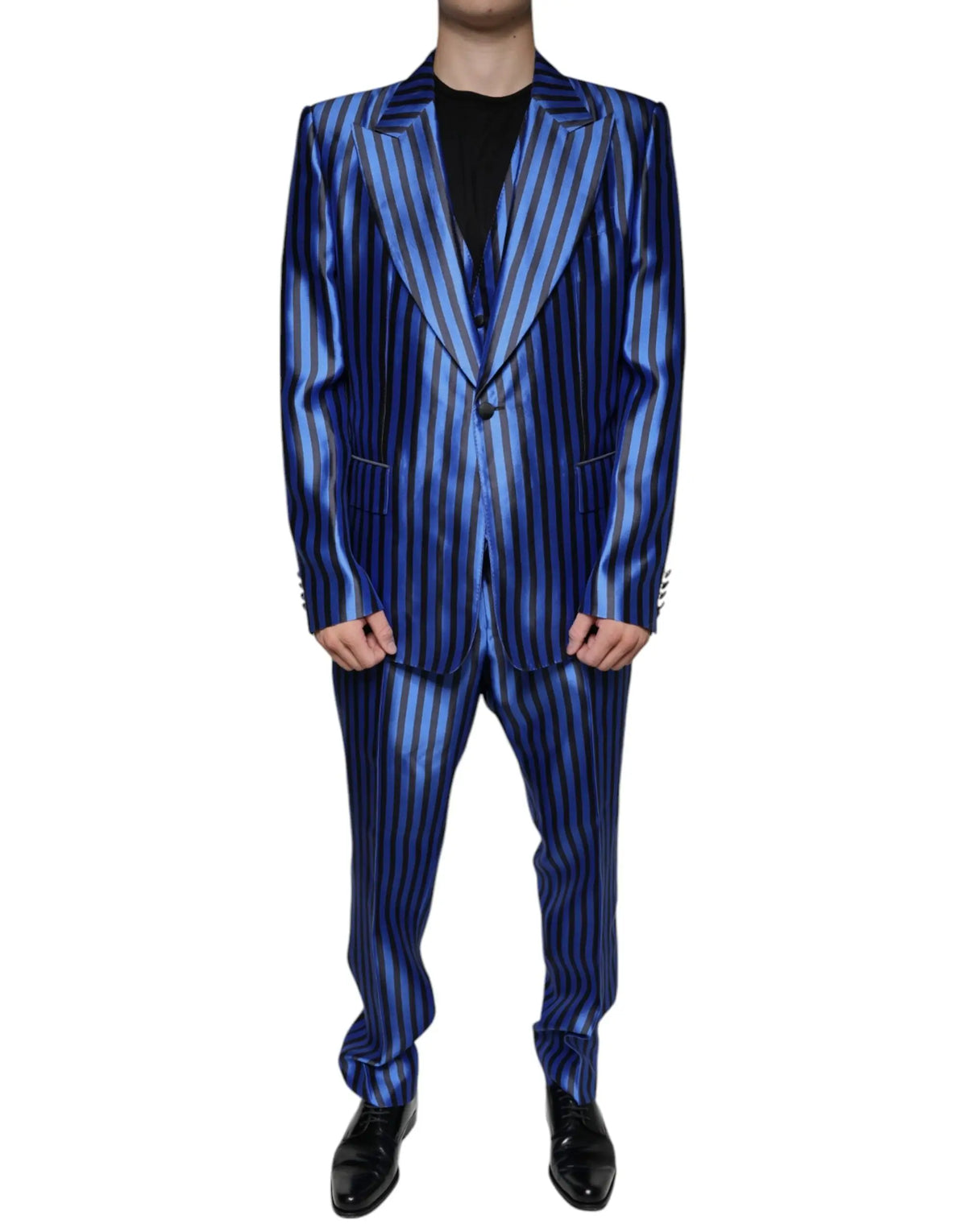 Dolce & gabbana metallic blue stripes formal 3 piece suit with a striking glossy satin finish and vertical black stripes