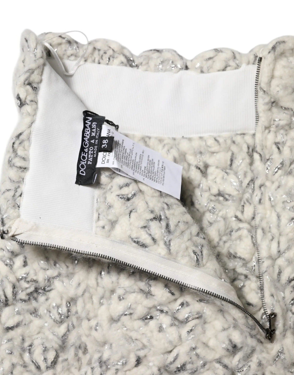 Jupe en maille bouclé métallisée crème et argent à taille côtelée par dolce & gabbana