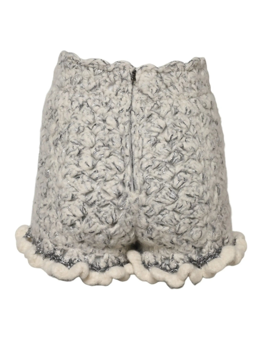 Shorts dolce gabbana en bouclé métallisé et cachemire écru avec finition crochetée et ourlet volanté