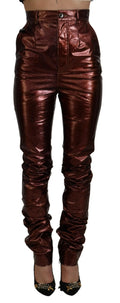 Pantalon skinny taille haute métallisé bronze dolce & gabbana avec effet froncé brillant en cuir métallisé burgundy