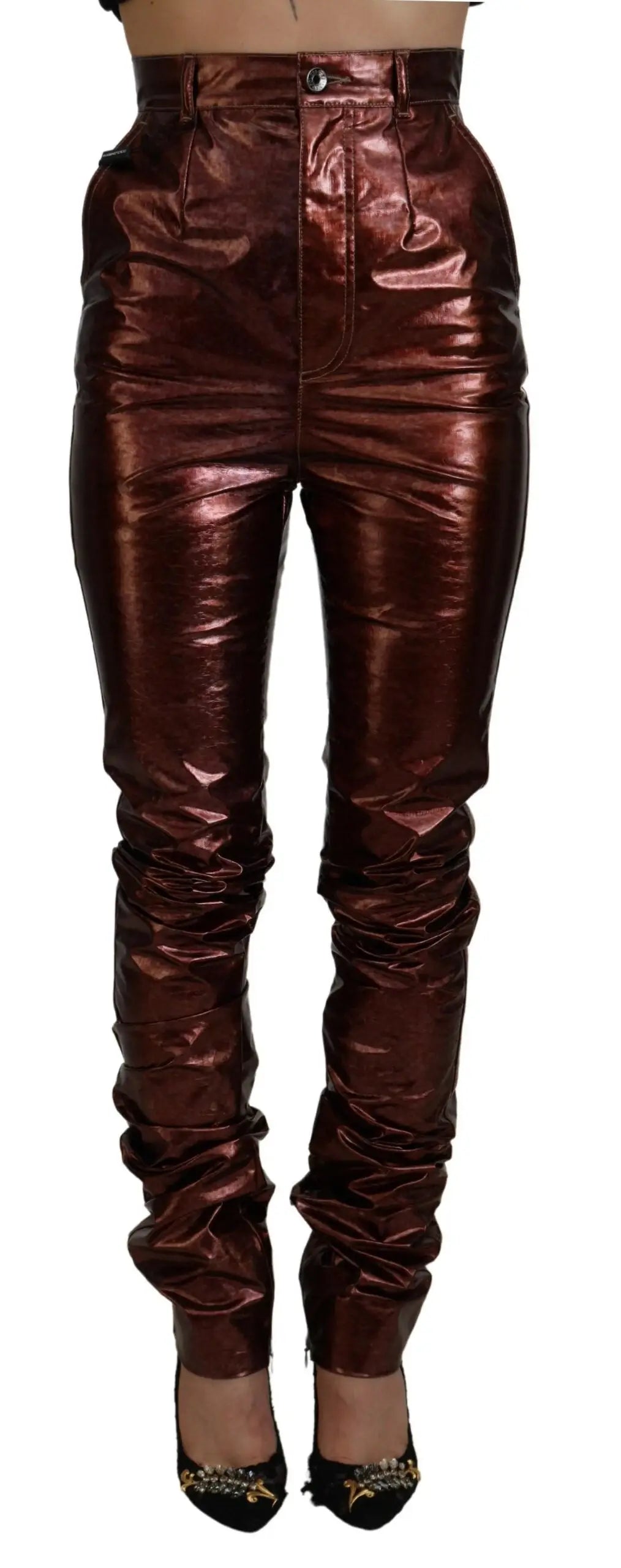 Pantalon skinny taille haute métallisé bronze dolce & gabbana avec effet froncé brillant en cuir métallisé burgundy