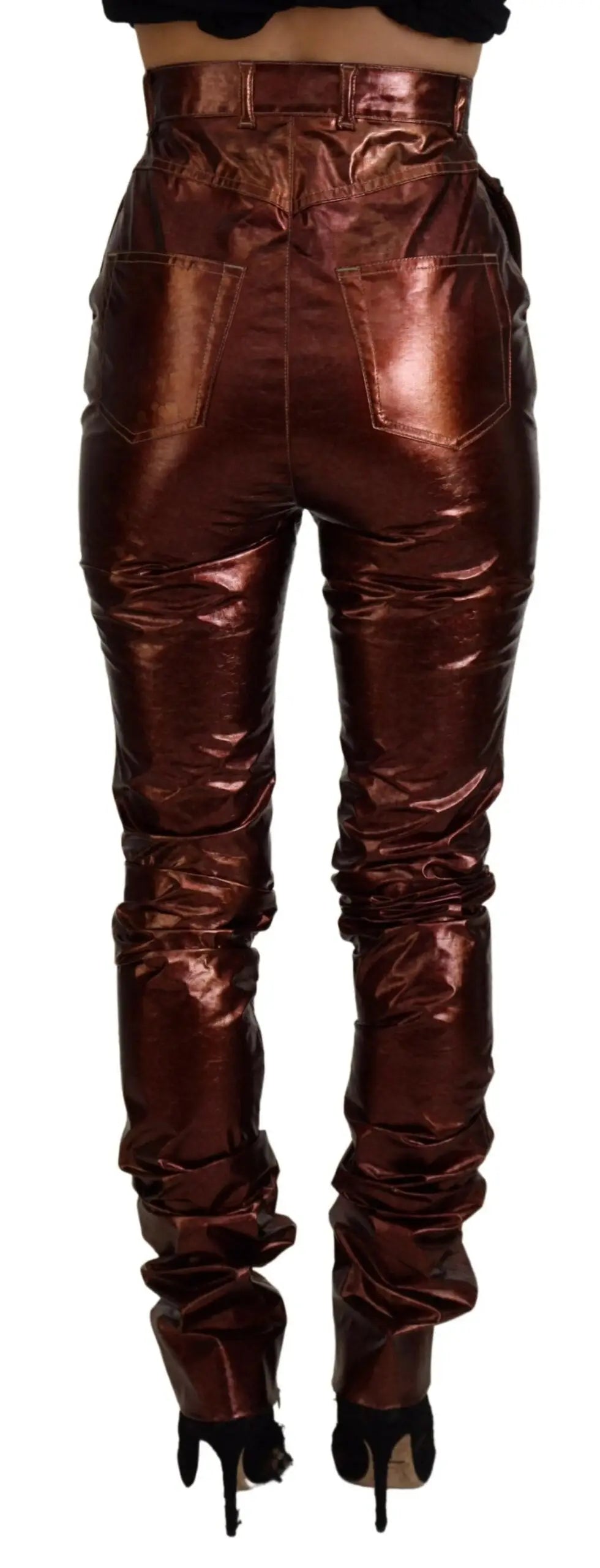 Pantalon skinny métallisé bronze dolce & gabbana taille haute avec design froncé et coupe slim