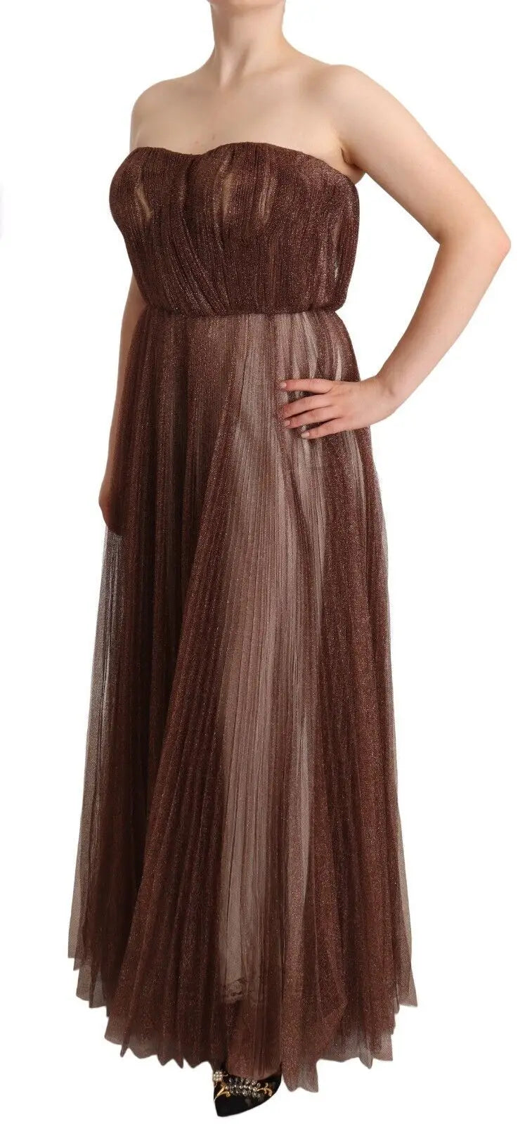 Robe longue métallisée bronze dolce & gabbana en polyester avec corsage plissé et jupe en tulle transparent