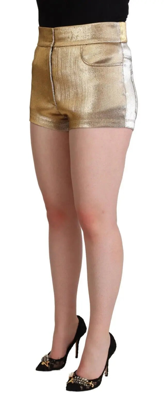 Shorts hot pants en coton metallique doré avec finition brillante texturée et panneau latéral argenté contrastant dolce & gabbana