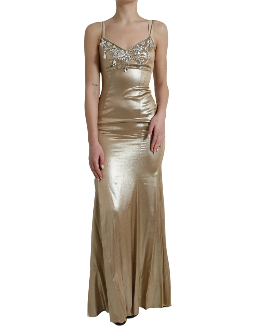Robe de soirée en satin doré métallisé avec fines bretelles et corsage orné de cristaux dolce & gabbana
