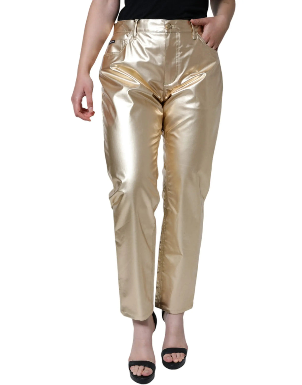 Pantalon tapered en polyester métallisé or brillant de dolce & gabbana avec coupe droite et cinq poches classiques
