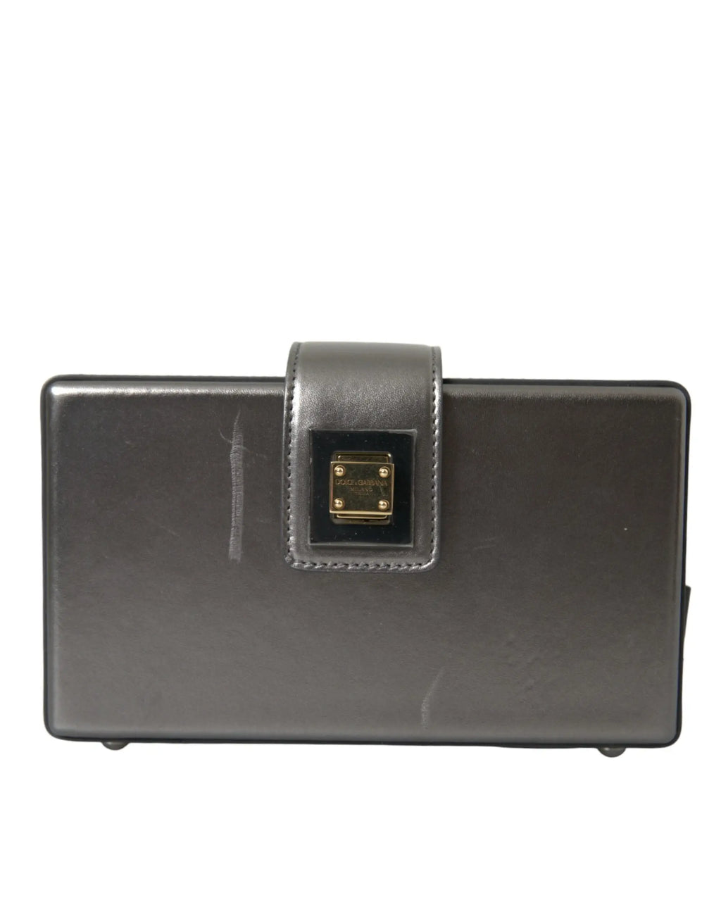 Clutch en cuir gris foncé dolce & gabbana avec fermoir métal doré et logo embossé en relief