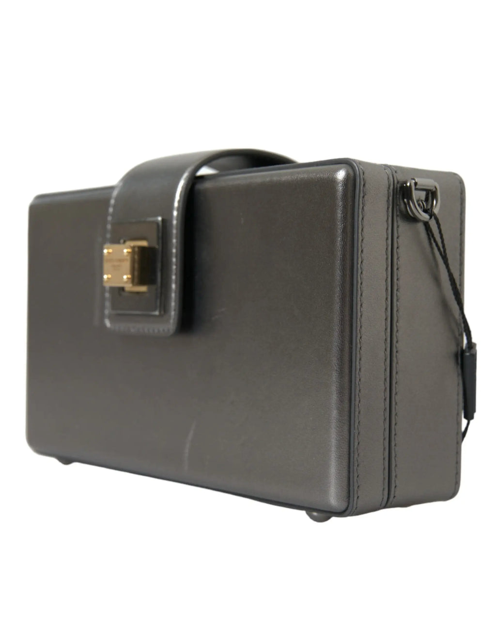 Clutch en cuir gris foncé dolce & gabbana avec fermoir doré et bandoulière réglable en cuir de veau métallisé