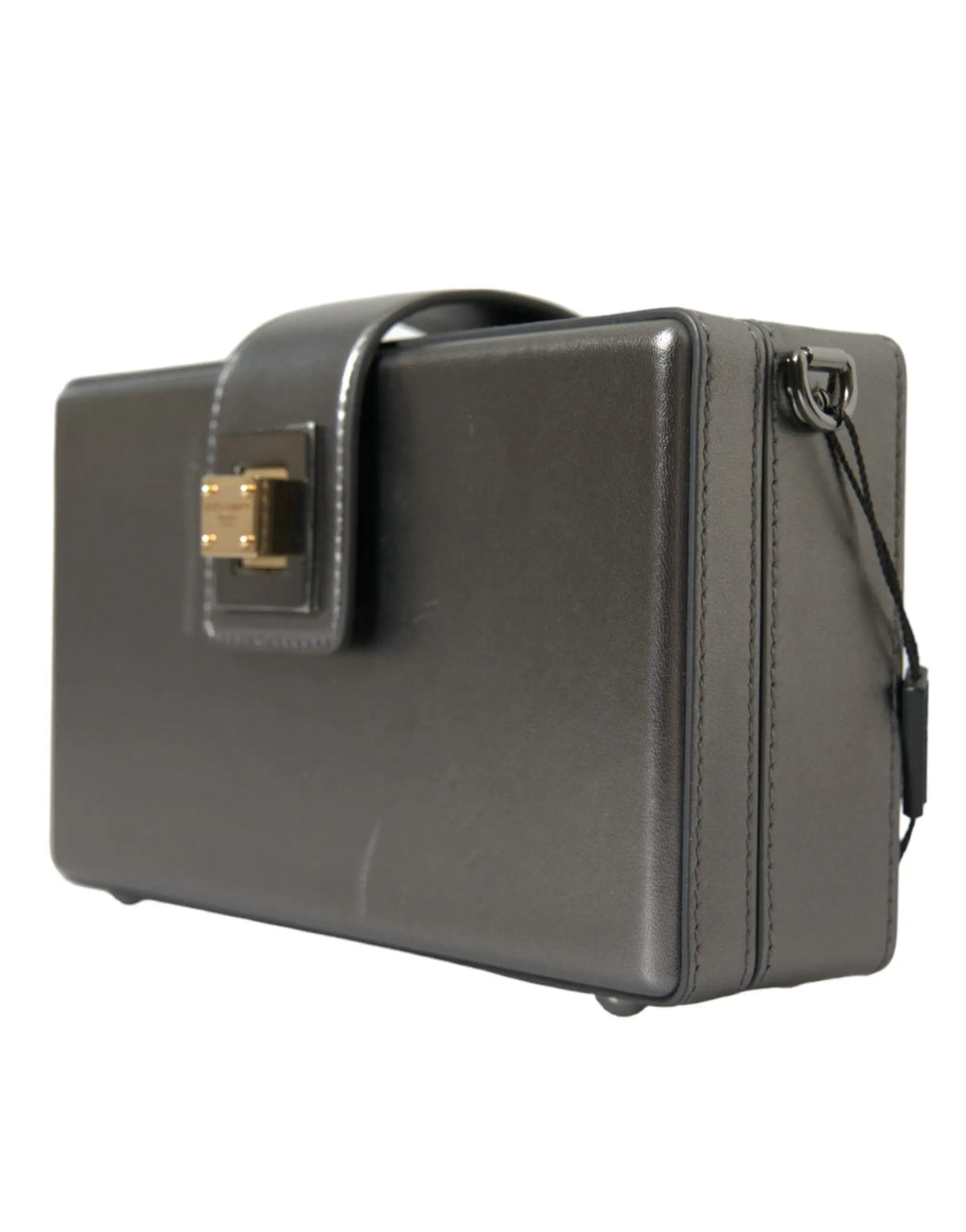 Clutch en cuir gris foncé dolce & gabbana avec fermoir doré et bandoulière réglable en cuir de veau métallisé