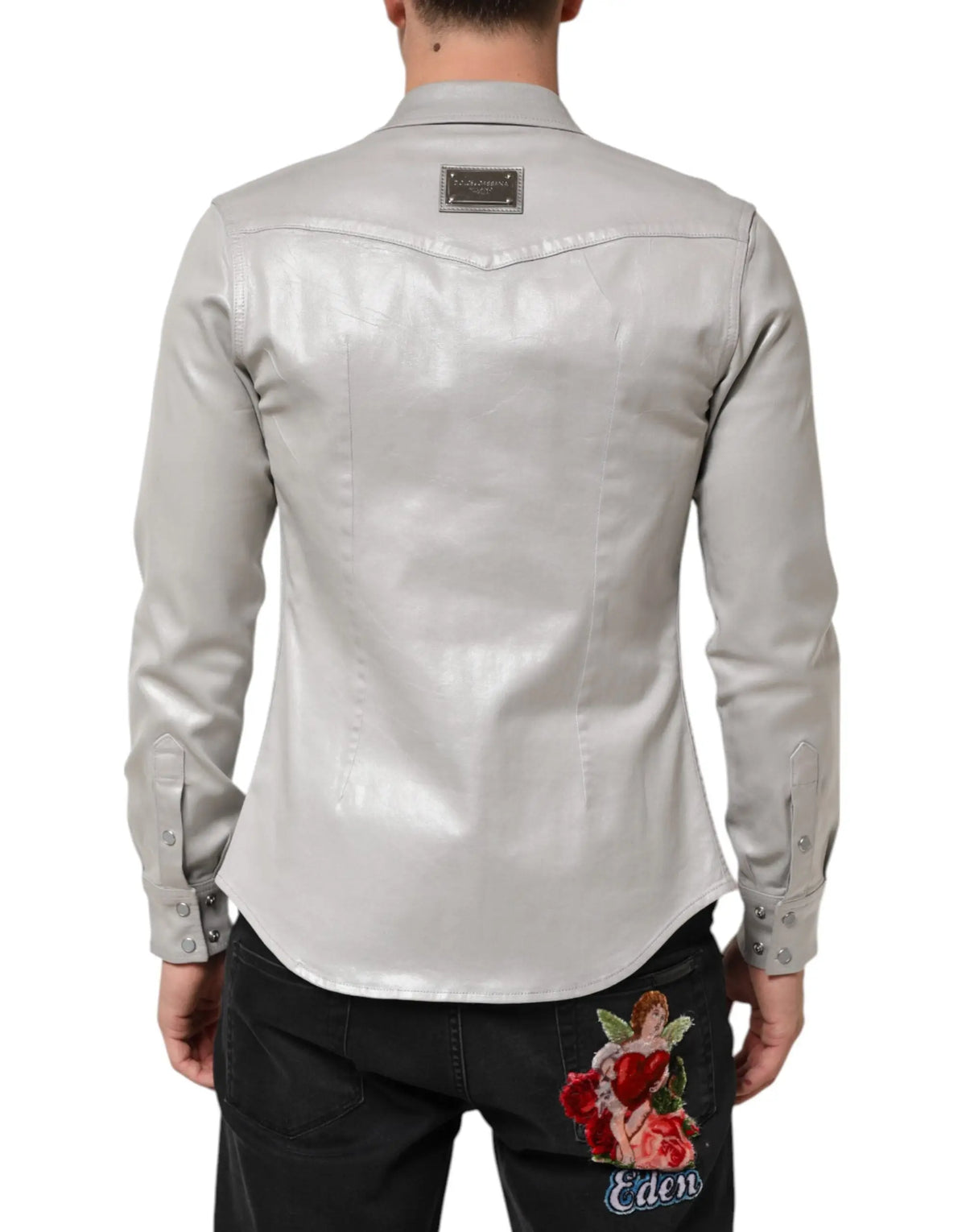 Chemise pour homme dolce & gabbana en coton gris métallique avec finition cuir gris argenté et broderie ange au dos
