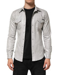 Chemise pour homme dolce & gabbana en coton gris métallique avec col classique et poches poitrine boutonnées en cuir argenté