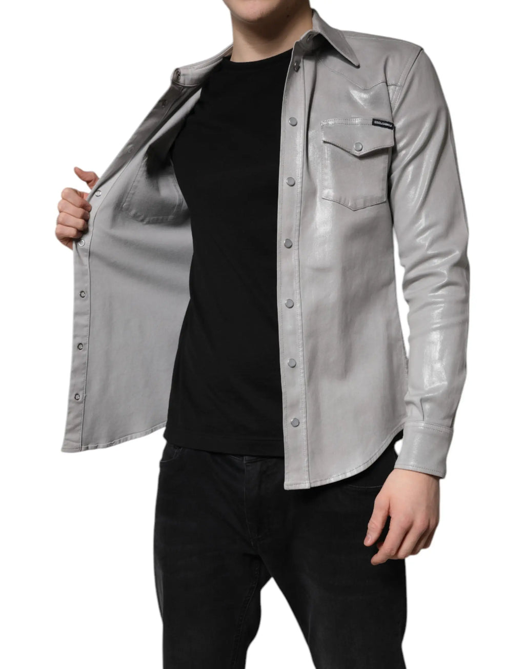 Chemise boutonnée en coton métallisée gris argenté dolce gabbana avec poche poitrine et col classique