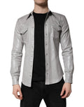 Dolce & gabbana chemise boutonnée en coton gris métallisé avec design western classique et poches poitrine en cuir
