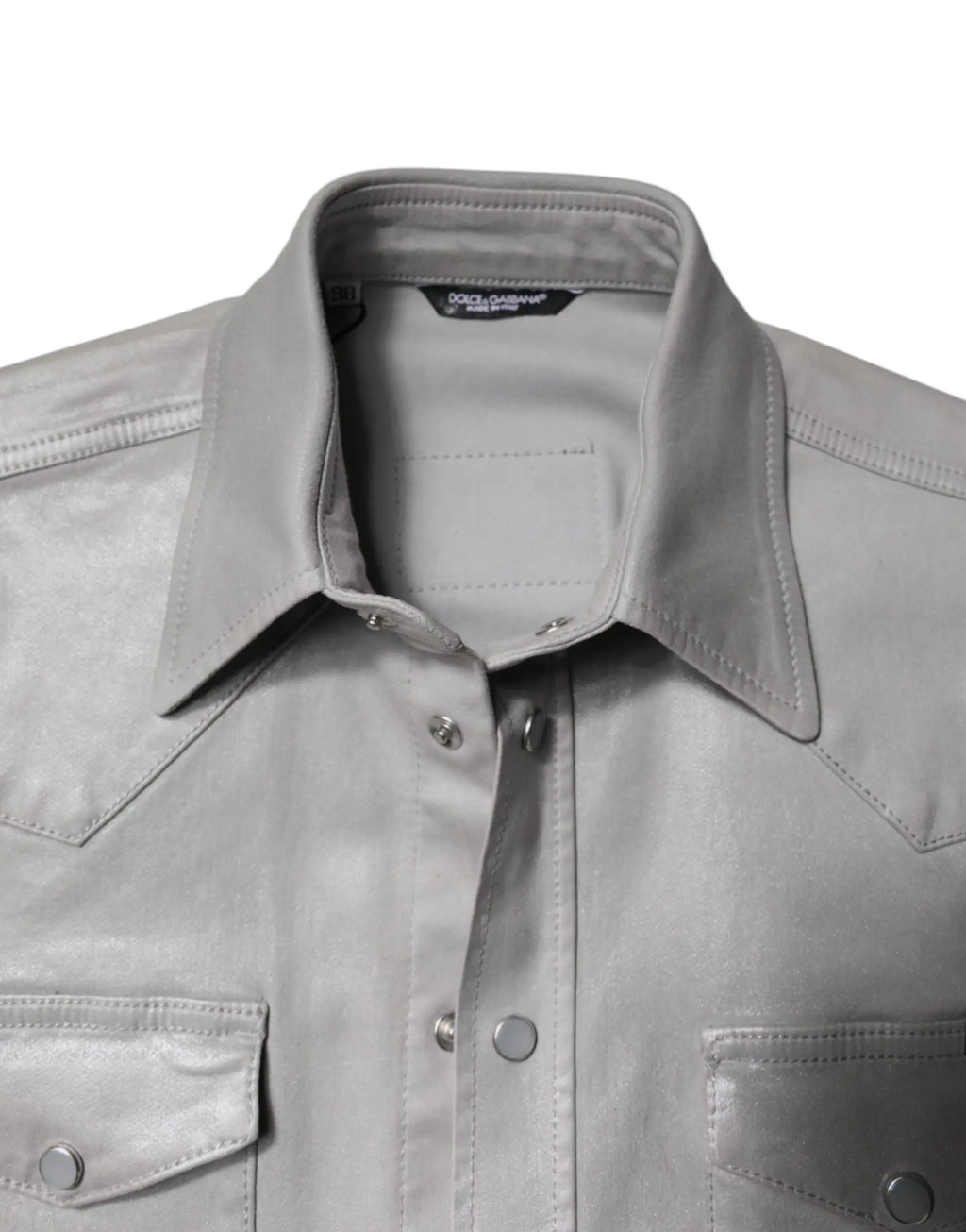 Chemise boutonnée dolce & gabbana en coton gris métallisé avec col classique et poches poitrine en cuir gris