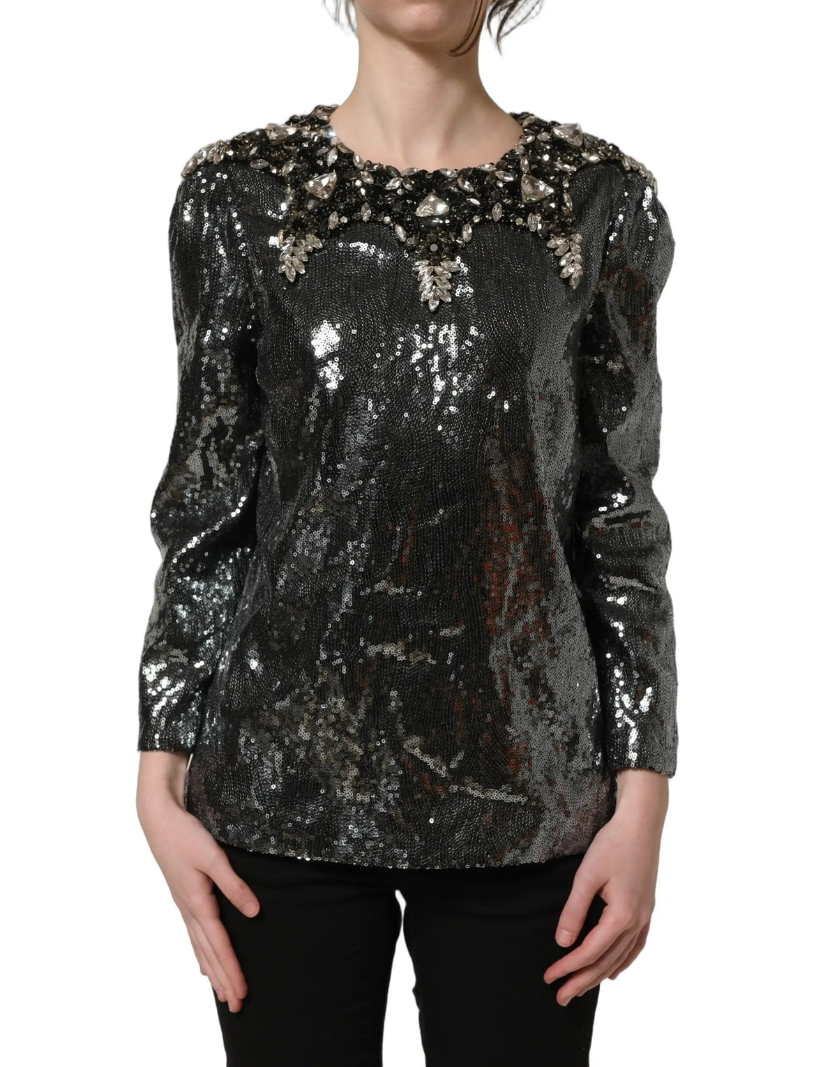 Dolce & gabbana blouse métallisée grise en sequins noirs avec embellissements argentés délicats aux épaules et col