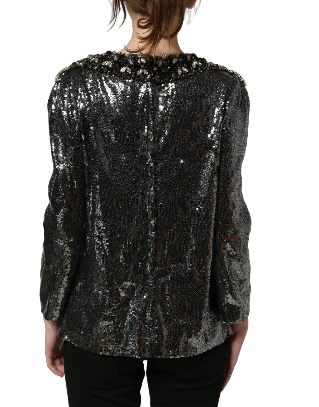 Veste noire scintillante en sequins avec col orné de perles dolce gabbana top gris métallisé à sequins