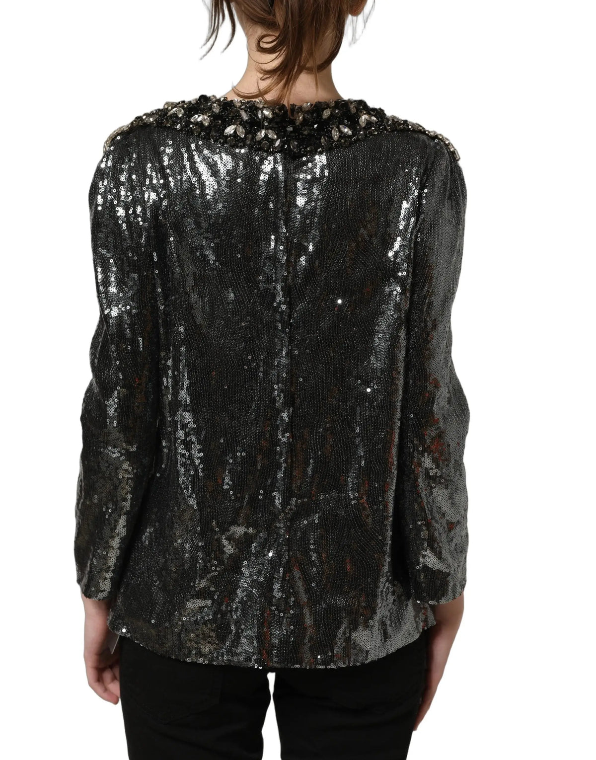Veste noire scintillante en sequins avec col orné de perles dolce gabbana top gris métallisé à sequins