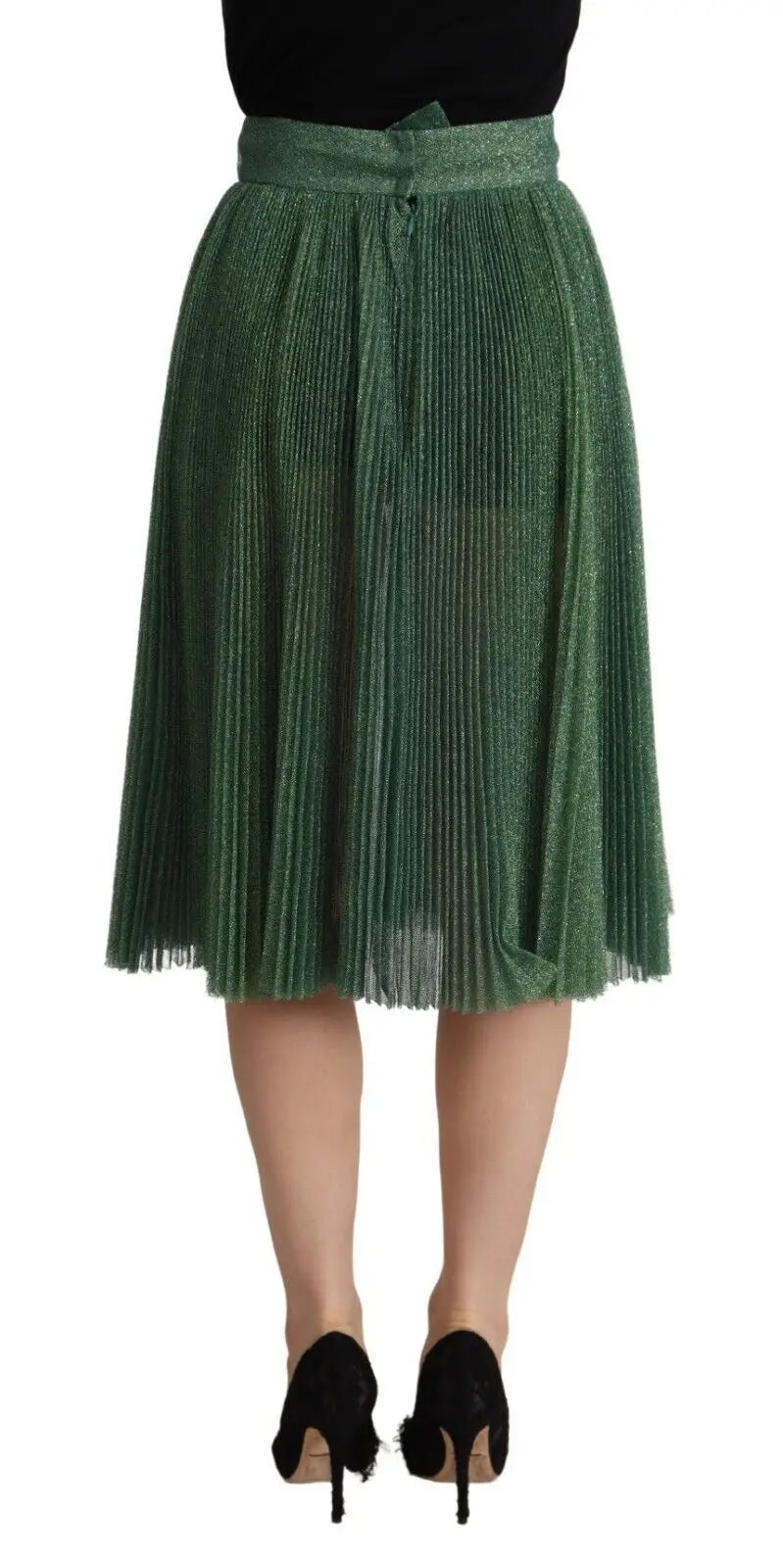 Jupe mi-longue plissée émeraude dolce & gabbana en métal vert avec ceinture assortie taille haute et coupe trapèze