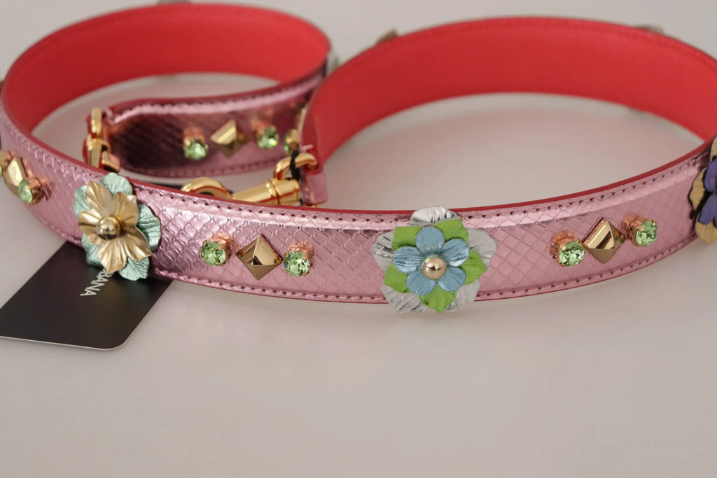 Dolce & gabbana metallic pink leather shoulder strap with snakeskin pattern colorful floral appliqués and gold studs
