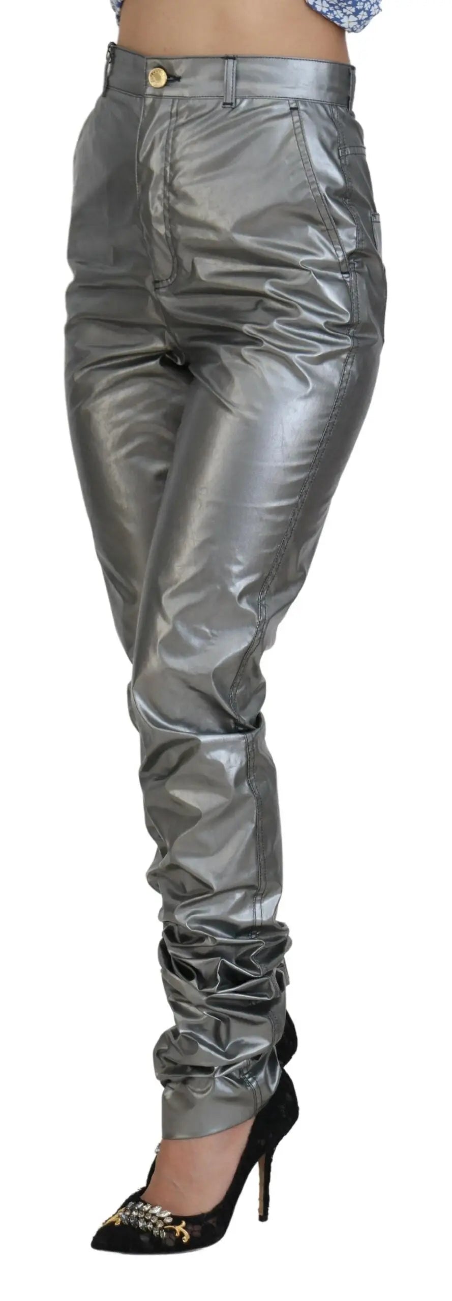 Pantalon skinny taille haute métallique argenté dolce gabbana avec poignets froncés et bouton doré