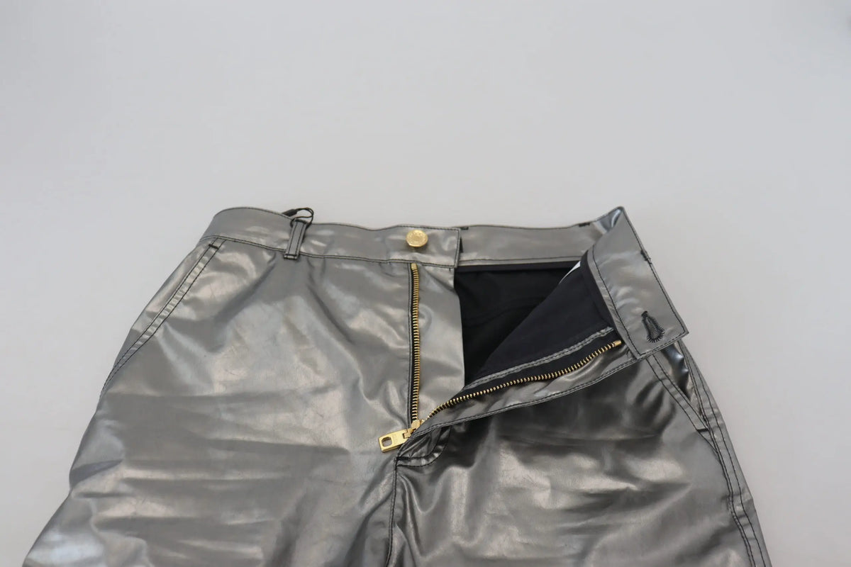 Pantalon skinny taille haute dolce & gabbana en similicuir métallisé gris argent avec fermeture éclair et bouton dorés