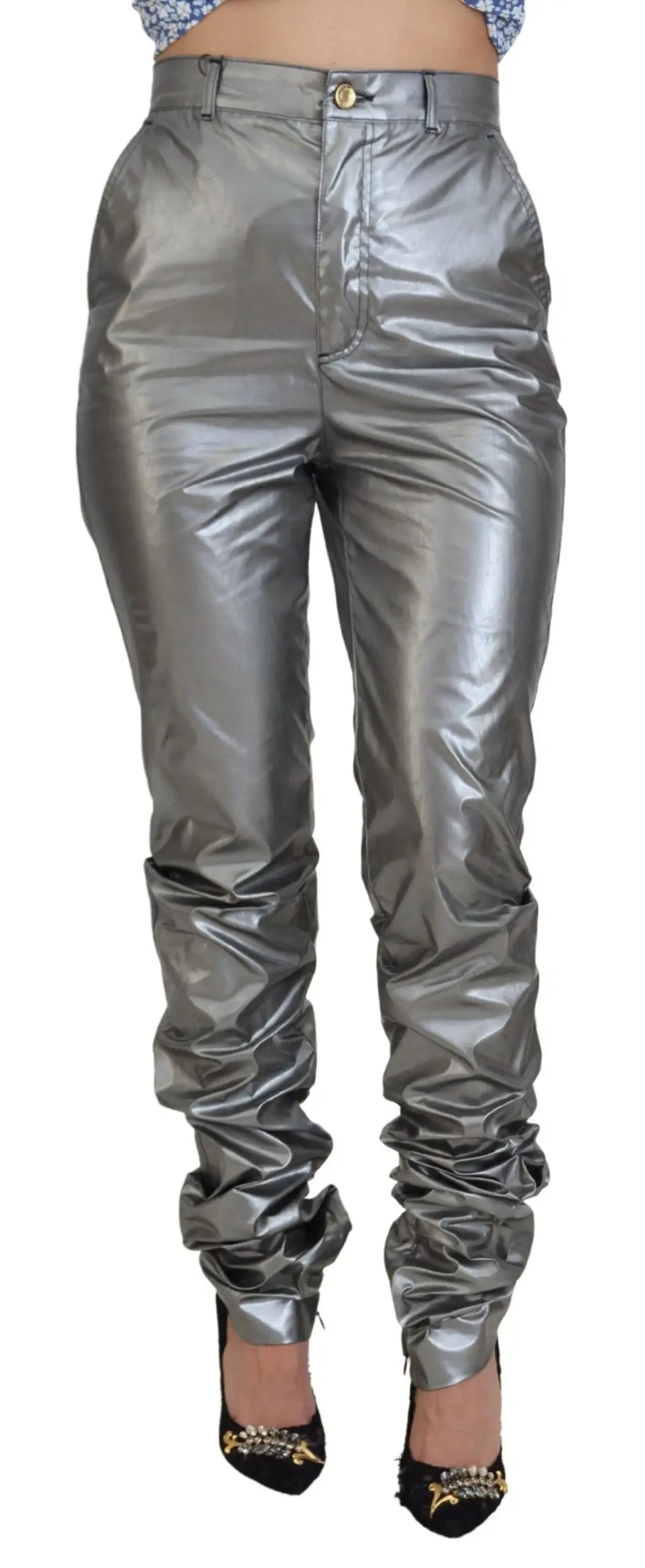 Pantalon skinny taille haute en argenté métallisé dolce & gabbana avec poignets froncés et fermeture à bouton