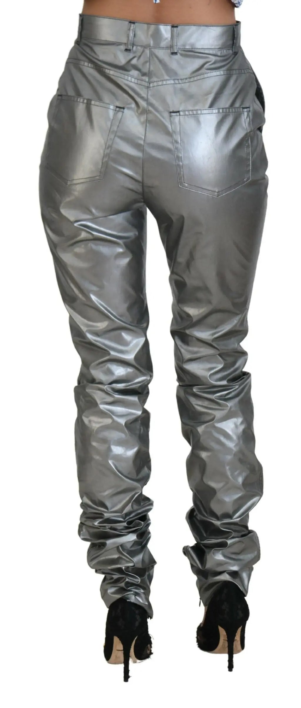 Pantalon skinny à taille haute dolce & gabbana en similicuir métallisé argenté avec poignets froncés